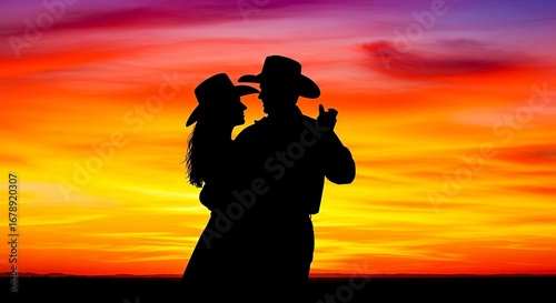Romantic Cowboy Couple Dancing Silhouette Under Colorful Cosmic Sky.