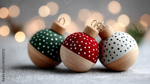 Colorful wooden Christmas ornaments with polka dots displayed on a soft surface lit by festive lights
