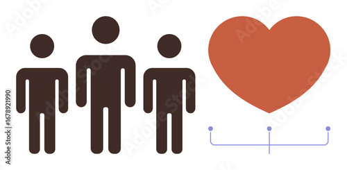 Three human figures standing together next to a large heart with connection lines. Ideal for teamwork, unity, community, love, care, collaboration, compassion concepts in a simple flat metaphor