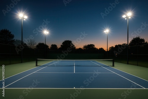 Illuminated tennis court at dusk with clear sky