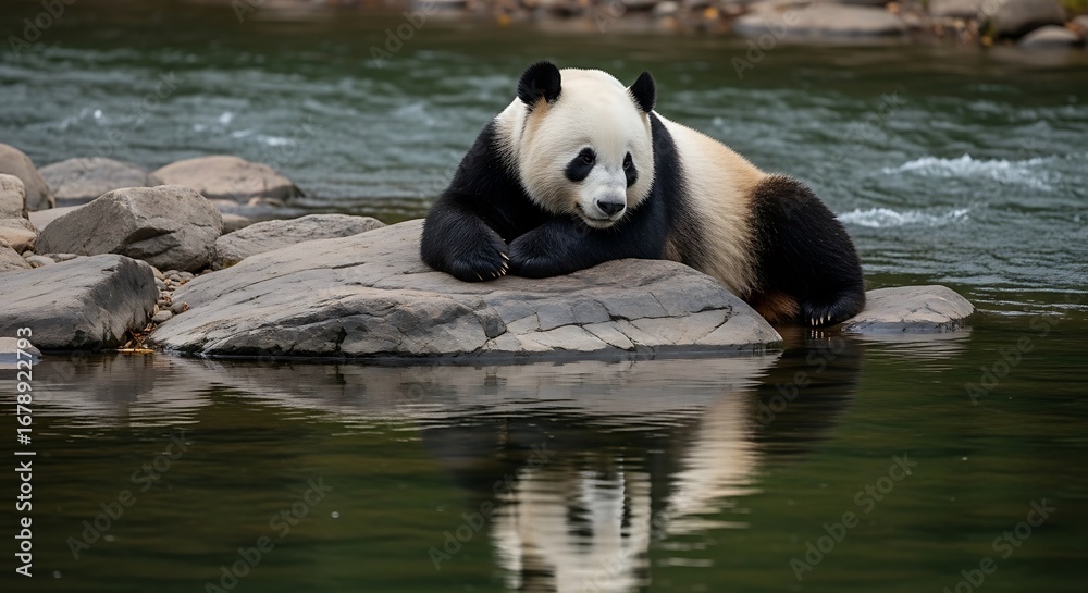 Fototapeta premium Giant panda resting on a rock in a river, with its reflection visible in the water.