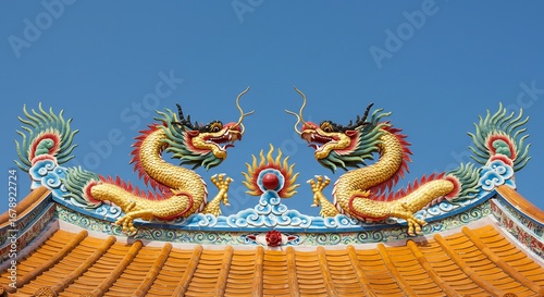 Wallpaper Mural 鮮やかな彩色で描かれた二匹の龍が、寺院の屋根を力強く飾る Torontodigital.ca