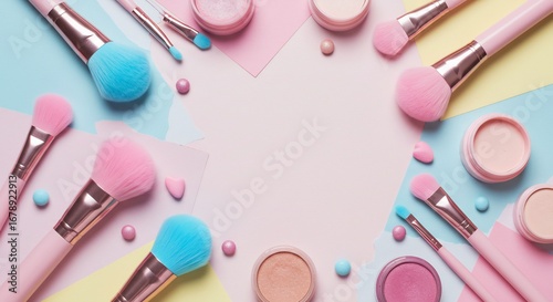 パステルカラーの化粧ブラシとパウダーが華やかに散りばめられています。