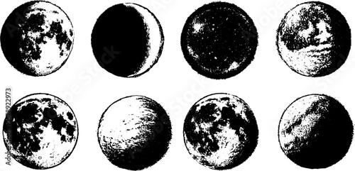 Grunge black and white moon phases set for creative urban design projects