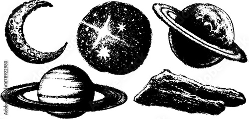 Grunge black and white moon and planets set for design