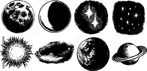 Grunge black and white moon and planet illustration set for artistic decor and design
