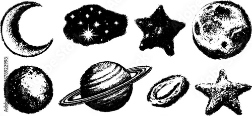 Grunge black and white celestial illustrations set for design and decor