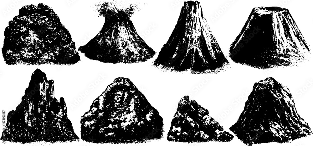 Obraz premium Grunge black and white volcanic mountain illustration set for design