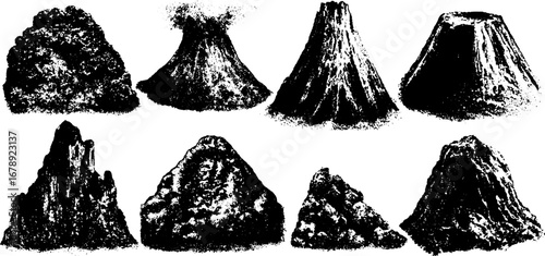 Grunge black and white volcanic mountain illustration set for design