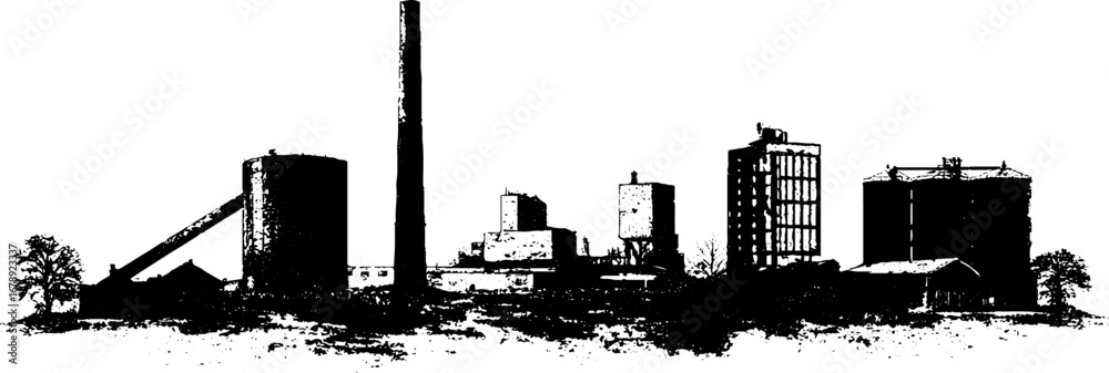 Obraz premium Industrial skyline stencil in black and white: urban design inspiration