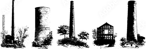 Industrial chimneys and ruins stencil art collection for urban design
