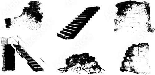 Black and white stencil set of abandoned building structures for urban design projects