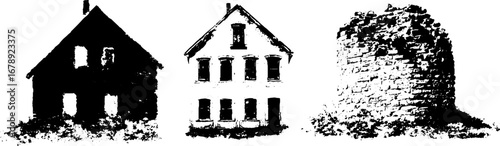 Abandoned buildings stencil collection in black and white for vintage design projects