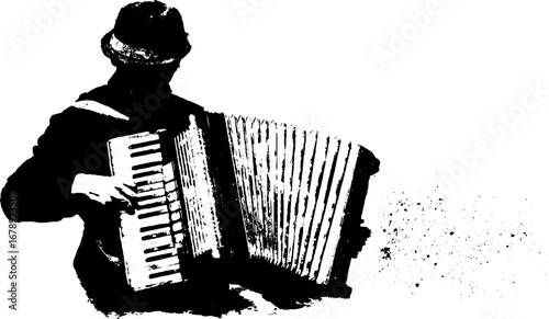 Black and white accordion musician stencil art for urban design