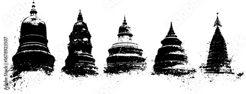 Black and white abstract stencil set of pagoda silhouettes for urban design and art projects