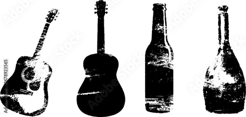 Black and white stencil art set featuring acoustic guitars and bottles for creative design