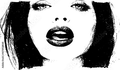 Dramatic black and white stencil illustration of a woman's face