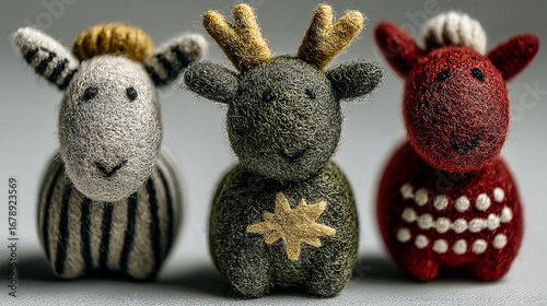 Handmade felt animals in festive colors display joyful expressions during a holiday craft fair in a cozy artisan shop