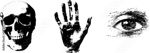 Black and white alien themed stencil set featuring skull, hand, and eye illustrations for creative design projects