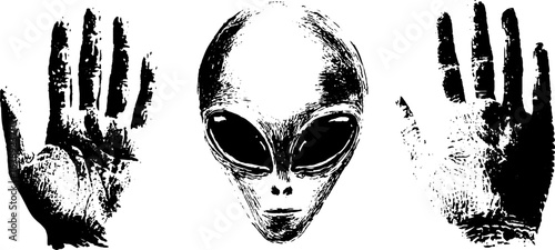 Black and white alien stencil illustration set for creative design projects