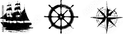 Nautical adventure symbols in black and white: ship, helm, and compass stencil collection for design