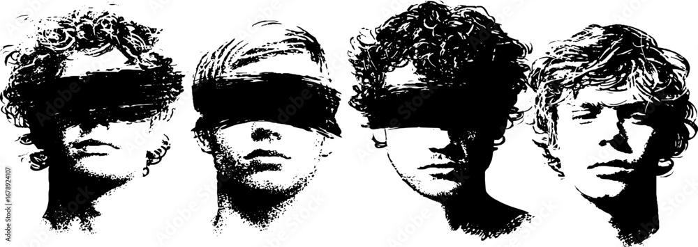 Fototapeta premium Black and white anonymous stencil portraits for urban art and design