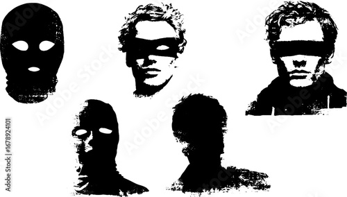 Black and white stencil set of anonymous masks for urban designs
