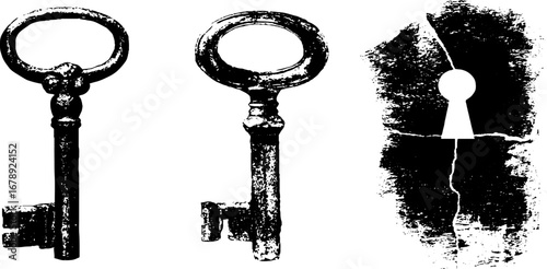 Vintage antique key stencil set in black and white for design and decor