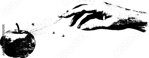 Black and white stencil illustration of hand reaching for apple – design for print and posters