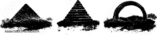 Black and white stencil of geometric pyramids and arch collection