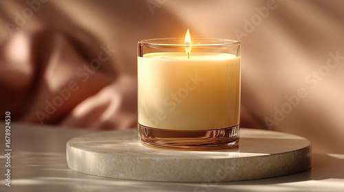 a burning glass candle jar on a beige background.