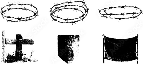 Black and white stencil collection featuring barbed wire, cross, and shield designs