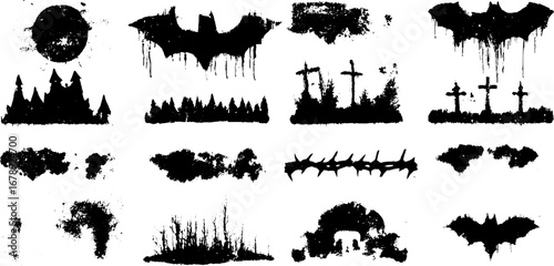 Gothic bat and cross silhouette set for halloween design and decoration