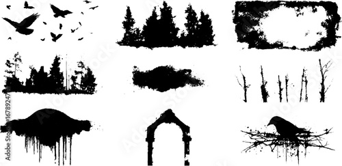 Grungy black and white stencil collection featuring bats, trees, and birds for urban design