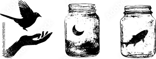 Black and white stencil set featuring bird, moon, and fish in jars for creative design