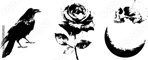 Black and white stencil set with crow, rose, and skull for artistic designs