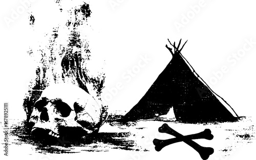 Black and white stencil set of bonfire, tent, and skull elements for design