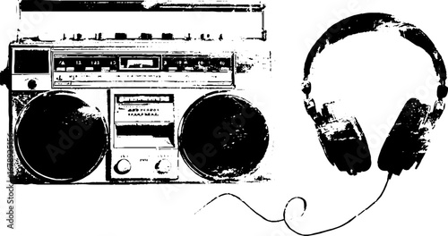 Boombox headphones stencil black white illustration set, music retro vintage design.
