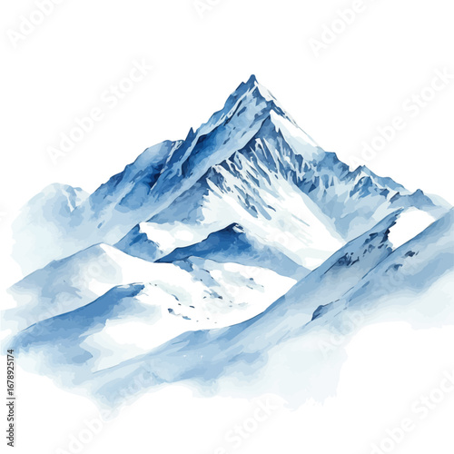 Snow-covered Mountain Peaks, watercolor clipart vector, isolated on a white background.