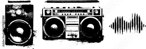 Black and white boombox and speaker stencil collection for urban design
