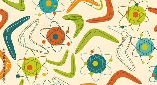 A retro mid-century modern seamless pattern with colorful boomerangs and atomic symbols on a light background.