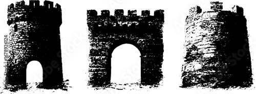 Medieval castle tower stencil collection in black and white for design projects