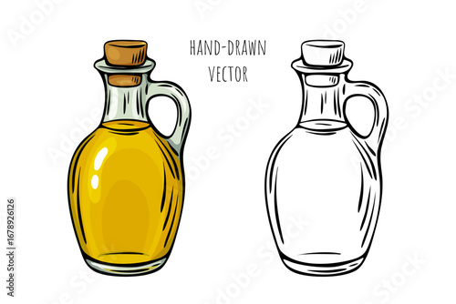 Olive oil bottle in color and engraved outline version
