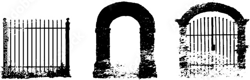 Black and white stencil collection: vintage cemetery gate and arch designs for posters and cards