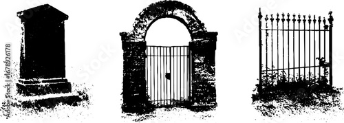 Black and white stencil illustrations of cemetery tombstone, archway, and gate