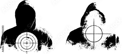 Hooded figure silhouette designs with target elements for urban art and graphic projects