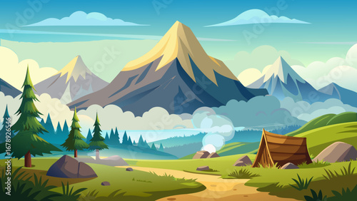 Vector art of a serene mountain landscape featuring a valley, trees, and a camping tent, evoking a sense of adventure and tranquility in nature
