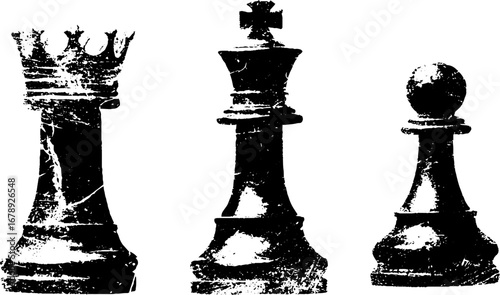 Black and white grungy chess piece set for vintage design and decor