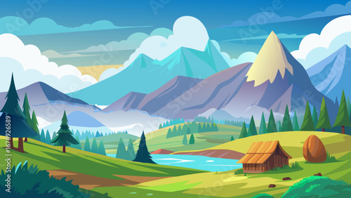 Vector art of idyllic mountain landscape featuring a serene lake, lush green hills, and a cozy cabin nestled amidst trees under a bright blue sky