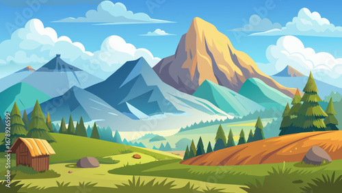Vector art of picturesque mountain landscape with rolling green hills, a charming cabin, and towering peaks under a clear blue sky, perfect for travel